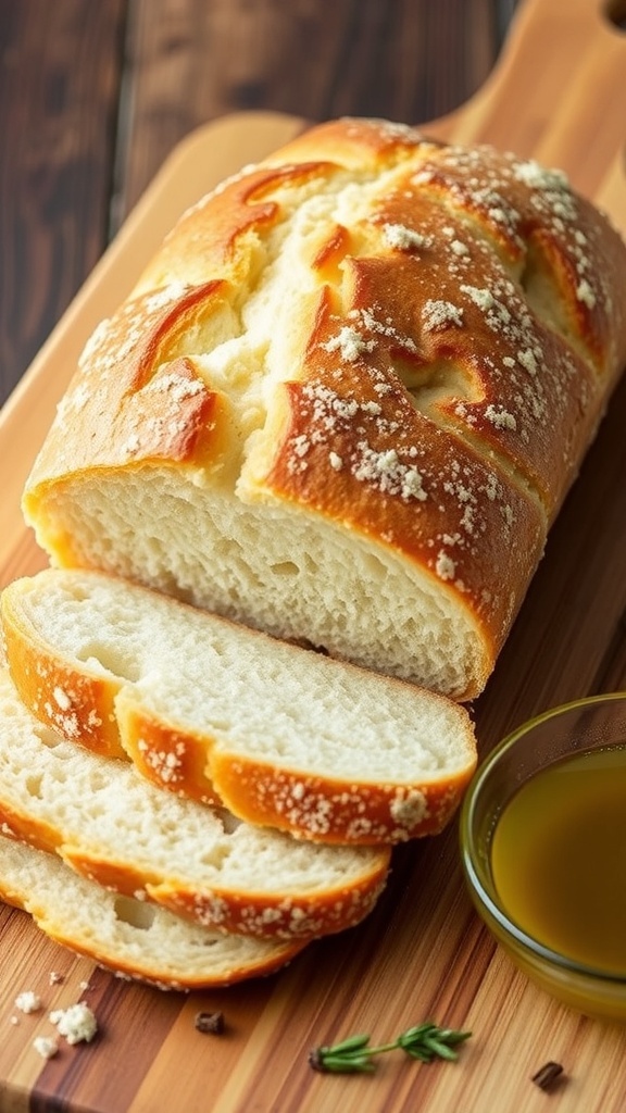 Easy Gluten-Free No-Yeast Bread Recipe A golden brown loaf of gluten-free no-yeast bread, sliced on a wooden board with herbs and olive oil.